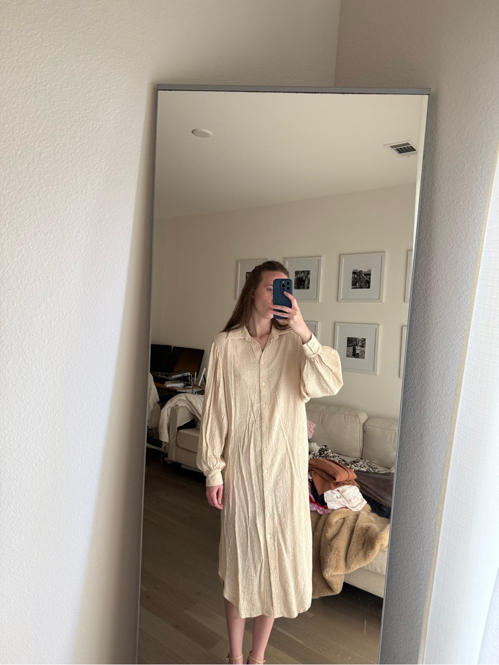 H&M Cream Textured Midi Shirt Dress